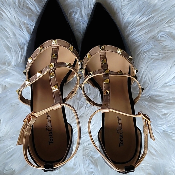 Torta Caliente Strappy Studded Stilettos Black Patent Nude Size 9 - Picture 3 of 8